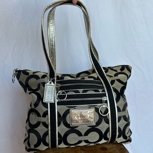 Y2K Coach Black Logo Canvas Poppy Tote Bag With Metallic Silver Strap & Hardware